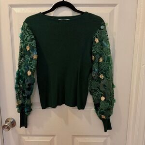 NWT Siani Milano Women XS Green Statement Sleeve Ribbed Sequin Lace Sweater Top